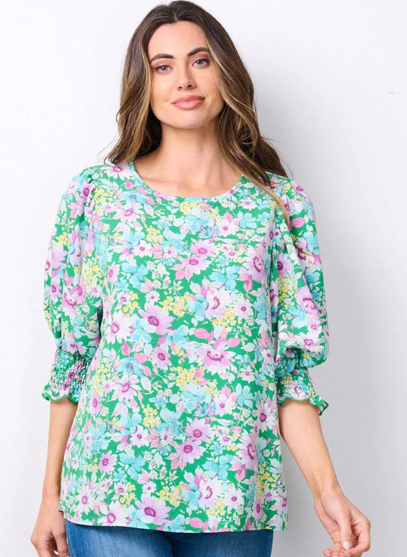 Katie Floral Smocked Blouse-GREEN