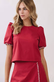 CT10057-Whipstitch Trim Puff Sleeve Crop Top