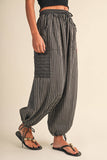IP1530-B STRIPED DOUBLE GAUZE CONTRAST POCKET BALLOON PANTS