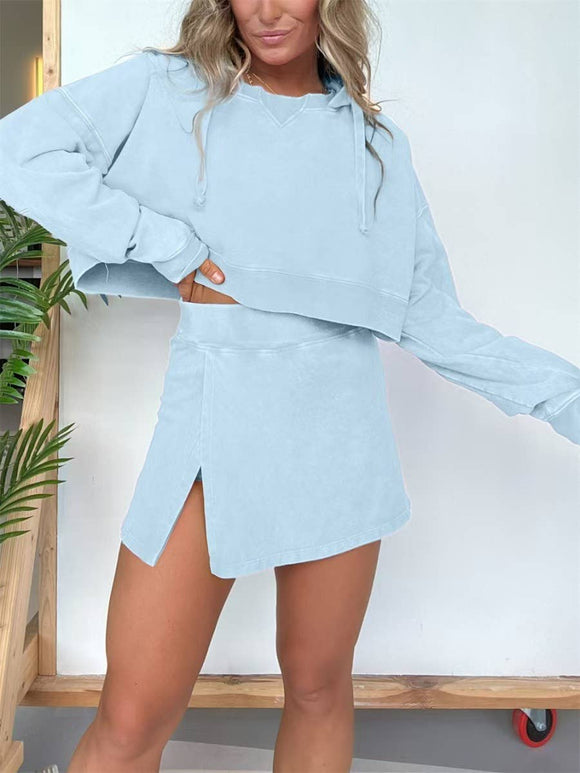 Washed cropped hoodie & mini skirt built-in shorts set
