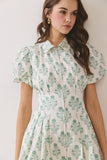CD07052-Floral Print Puff Sleeve Bubble Hem Mini Dress