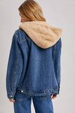 BUTTON DOWN FAUX FUR HOODED DENIM JACKET