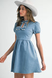 ND0002 Bow lace puff Mini Denim Dress