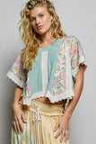 Round Neck Contrast Floral Eyelet Trim Rib Short Sleeve Top