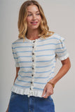 STRIPE KNITTED SWEATER BUTTON DOWN CARDIGAN TOP WITH RUFFLE