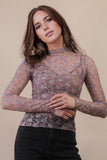 NT12220-High Neck Fitted Sheer Mesh Lace Knit Top