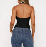 Lace-Edged Halterneck Backless Lace-Up Tank Top