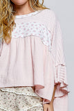 Floral Panel Textured Knit Ruffle Sleeve Oversized Top