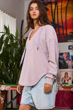 IT2283 V-neck Rounded Hem Striped Hoodie Top