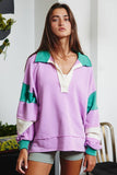 T2004E French Terry Color-block Collared Loose Fit Top
