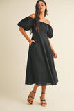ID8981  PUFF SLEEVES OFF SHOULDER A- LINE MIDI DRESS