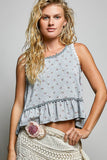 Round Neck Ruffle Hem Trim Detail Floral Sleeveless Top