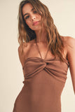 RUCHED DETAIL HALTER NECK KNIT LONG SLIT DRESS