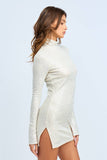 SEQUINED LONG FLARE SLEEVE SLIT MINI DRESS