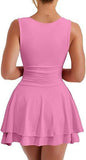 Mini dress with square neck waist pleated hem