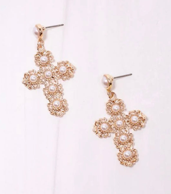 LeMore Pearl Cross Earrings