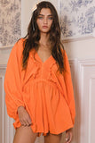 R5268D  Smocked V-neck Ruffled Solid Woven Romper