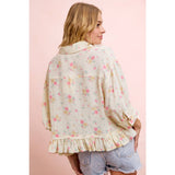 FLORAL CRINKLE QUARTER SLEEVE RUFFLE HEM SHIRT TOP