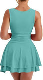 Mini dress with square neck waist pleated hem