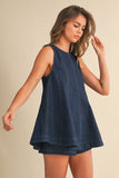 IST6095 DENIM LONGLINE SLEEVELESS TOP AND SHORTS SET