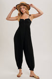 GAUZE SMOCKED BUTTON FRONT SHOULDER TIE JUMPSUIT
