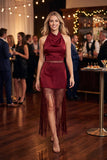 Satin Cowl Halter Top & Maxi Skirt Set with Fringe Detail