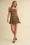 ID9191 LEOPARD MESH SLEEVELESS GODET FLARE MINI DRESS