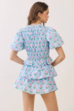 CT9889-Floral Print Ruffle Trim Puff Sleeve Tie Front Top