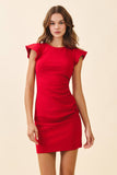 CD05798-Round Neck Flutter Cap Sleeve Ruched Detail Dress