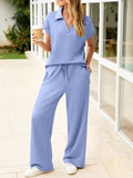 Plain short sleeve collared t-shirt & long pants casual set