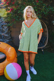 R5596A Striped Knit Binding Details V-neck Romper