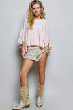 Floral Panel Textured Knit Ruffle Sleeve Oversized Top