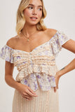 FLORAL PRINT RUFFLE LACE TRIMMED SWEETHEART NECK TOP