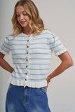 STRIPE KNITTED SWEATER BUTTON DOWN CARDIGAN TOP WITH RUFFLE