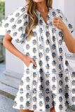 LDC Floral Puff Sleeve Tied Neck Pocketed Mini Dress