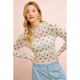 HIGH NECK LINE POLKA DOTS MESH TOP WITH THUMB OPENING
