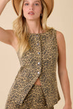 Leopard Printed Denim Snap Button Round Neck Vest