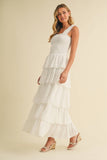ID8988-B FLORAL EYELET RUFFLE STRAP SMOCKED TIERED MAXI