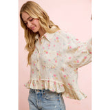 FLORAL CRINKLE QUARTER SLEEVE RUFFLE HEM SHIRT TOP