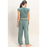 Rolled Sleeve Wrap-Front Crop Top And Jogger Set