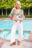 36751 Tassle Front and Fringe Wide Sleeve Floral Top