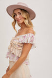 FLORAL PRINT RUFFLE LACE TRIMMED SWEETHEART NECK TOP