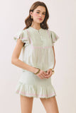 CT9946-Embroidered Ruffle Trim Detail Button Down Sleeve Top
