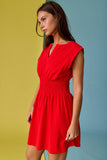 PD19523 Smocked Waist Sculpted Shoulder Mini Dress
