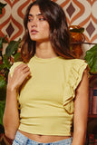 T1765 Ruffled Sleeve Solid Cropped Top