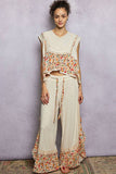 V-neck Floral Pattern Trim Ruffle Rib Knitted Sleeveless Top