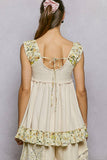 V-neck Thermal Lace Contrast Ruffle Floral Print Sleeveless