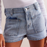 Denim Pocket Casual Mid-Waist Washed Shorts
