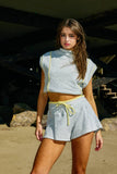 P5817 Contrast Binding Waist Drawstring Solid Terry Shorts
