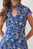 CD07359-Floral Vine Mandarin Collar Mini Dress